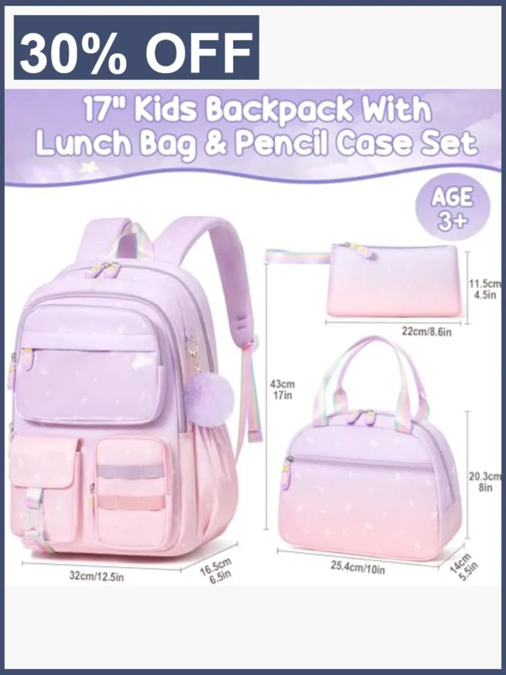 3-Piece Backpack Set with Lunch Bag & Pencil Case, Waterproof Bookbag for Girls